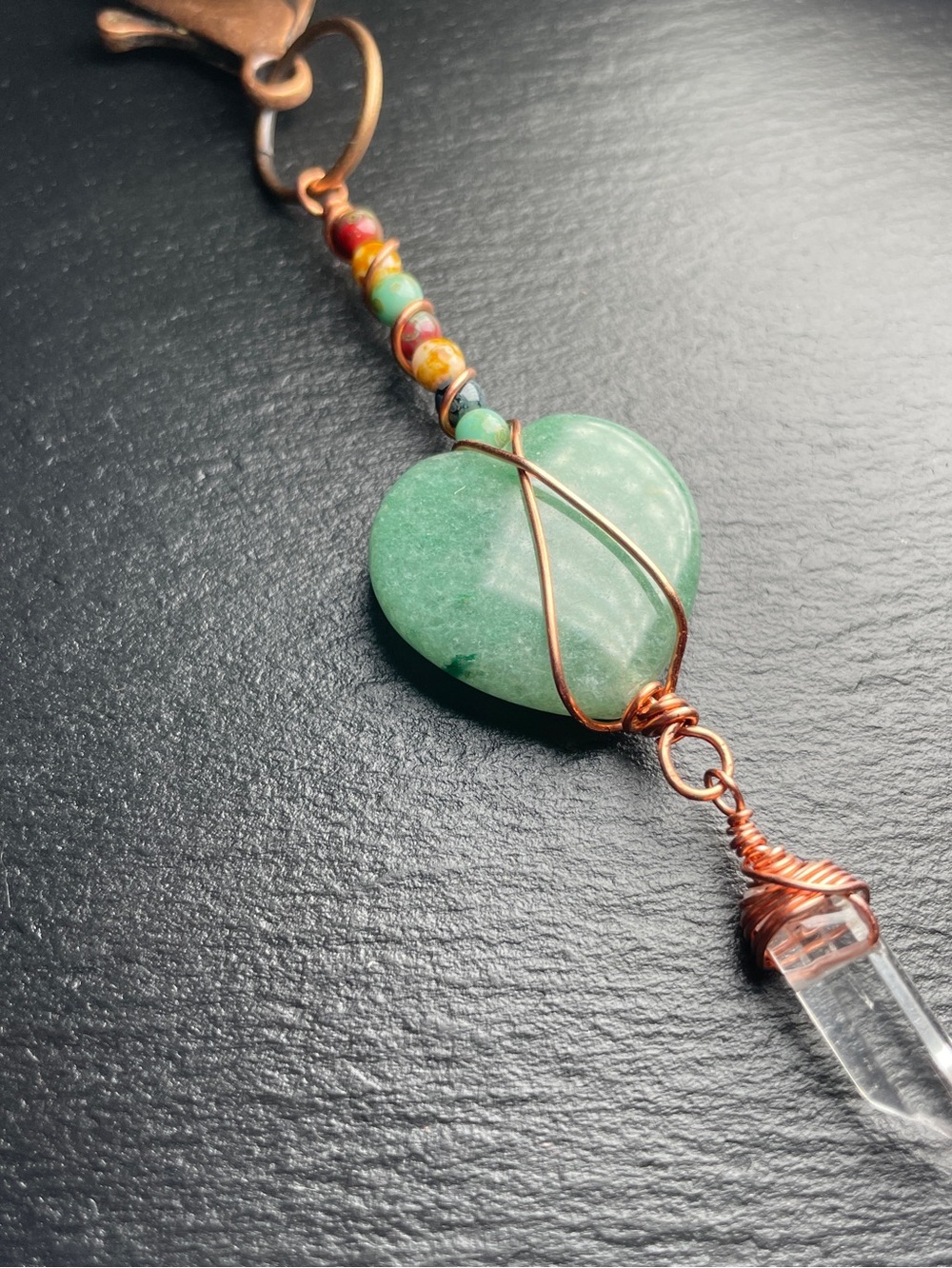 Handmade Aventurine Heart Keychain with Clear Quartz Point - Picture 7 of 10